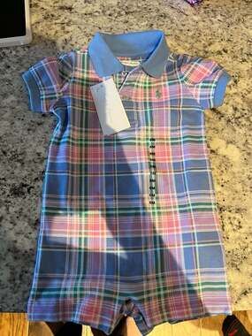 Ralph Lauren Baby Boys Plaid-Print Cotton Mesh Polo Shortall Romper - 6 month -